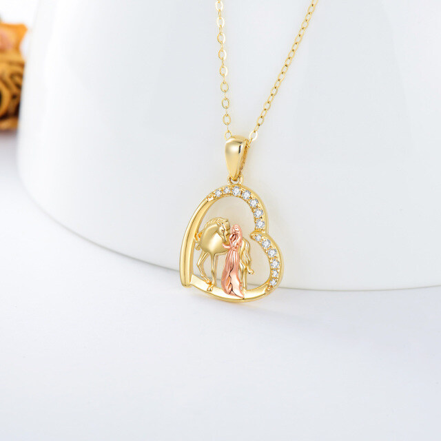 14K Gold & Rose Gold Cubic Zirconia Horse & Heart Pendant Necklace-2