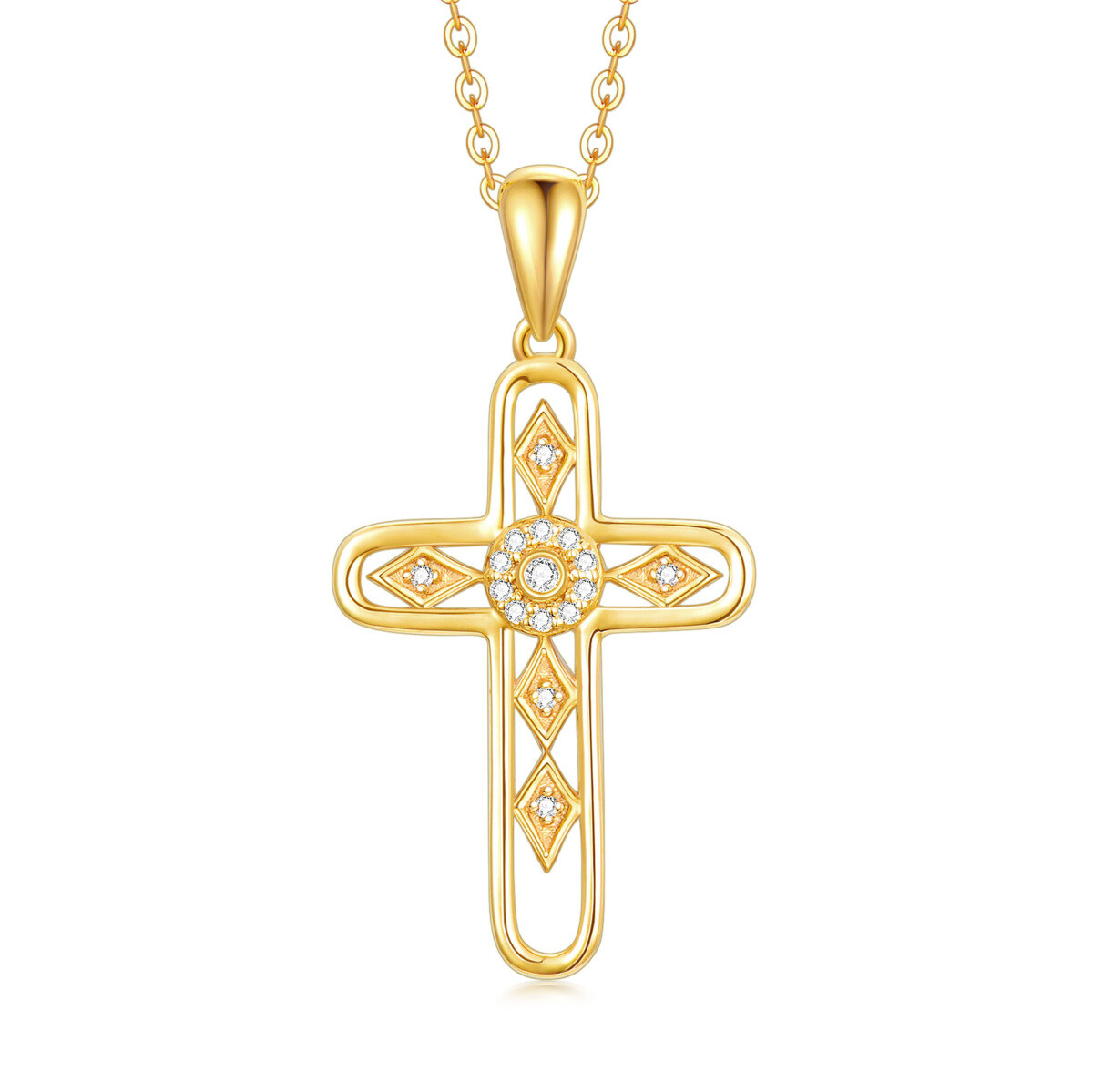 14K Gold Cubic Zirconia Cross Pendant Necklace-1