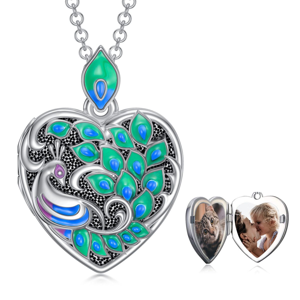 Sterling Silver Peacock Heart Personalized Photo Locket Necklace-1
