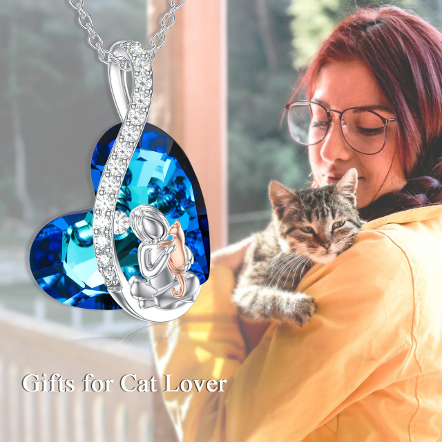 Colar com pingente de cristal de coração de gato em formato de coração em prata esterlina em dois tons-4
