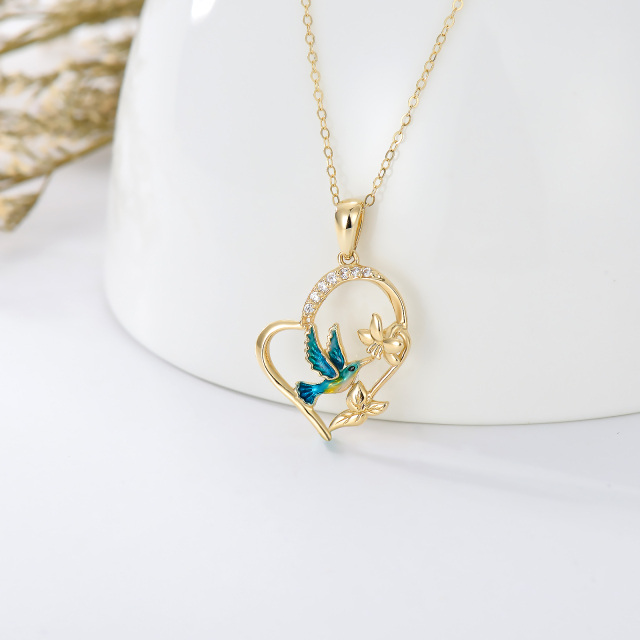 Collar Colgante Corazón Colibrí y Narciso de Oro Cúbico de 14K con Circonita-2