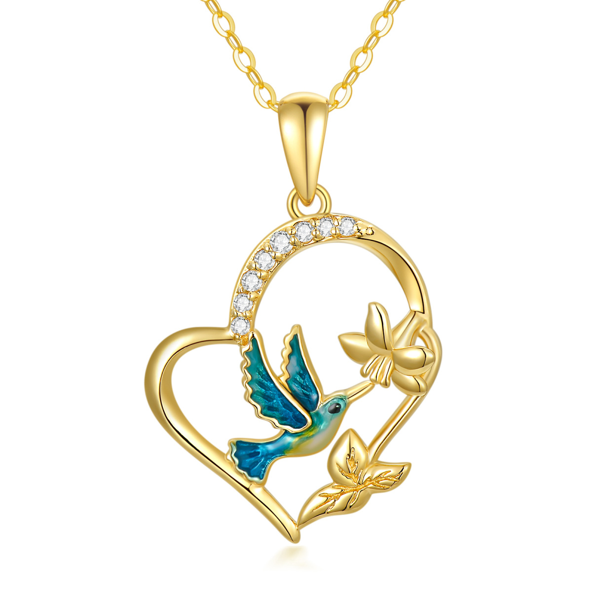 14K Gold Cubic Zirconia Hummingbird & Daffodil Heart Pendant Necklace-1