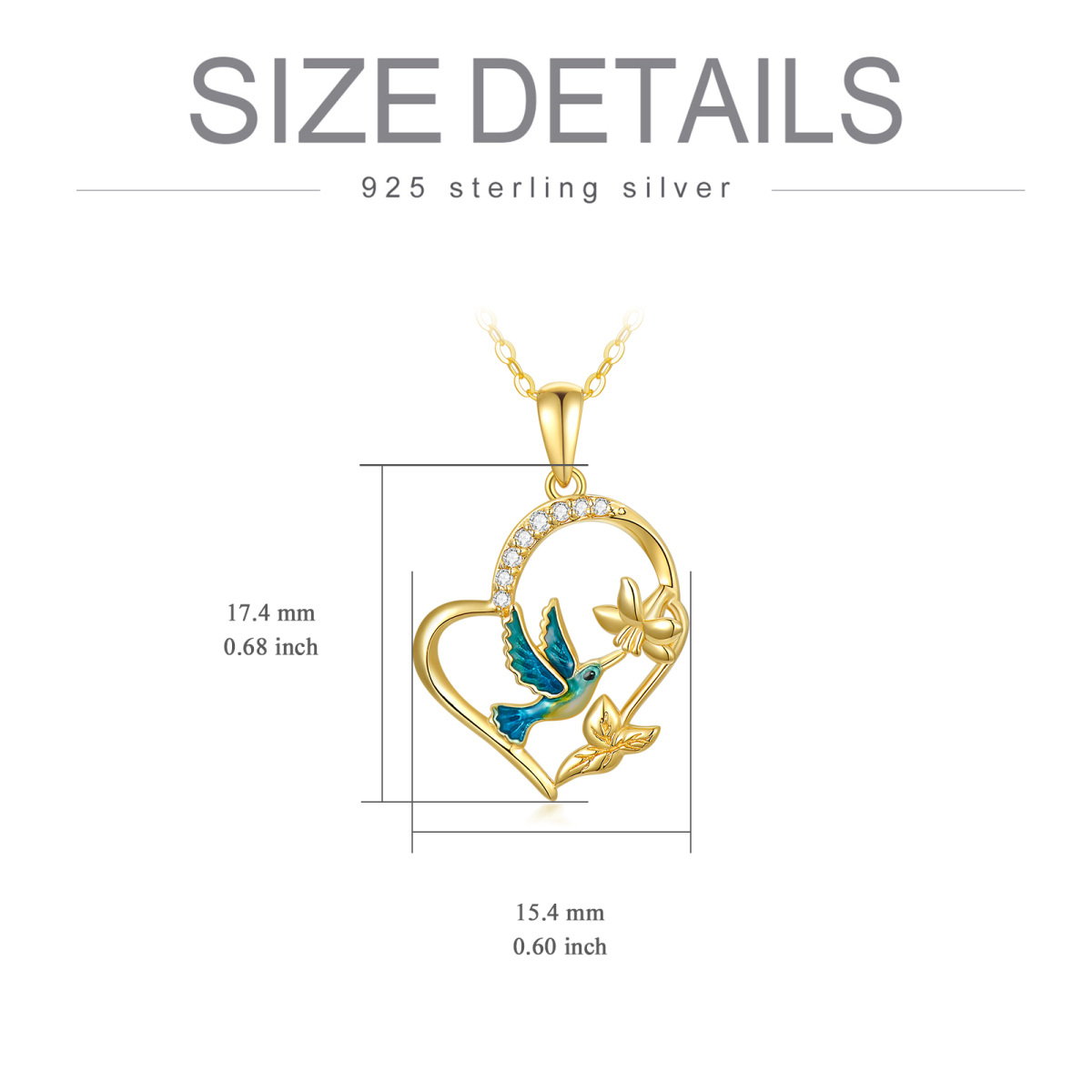 14K Gold Cubic Zirconia Hummingbird & Daffodil Heart Pendant Necklace-5