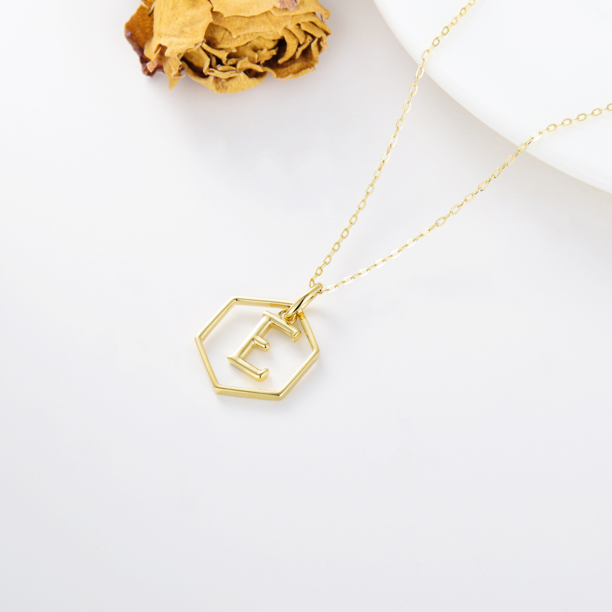9K Gold Round Pendant Necklace with Initial Letter E-4