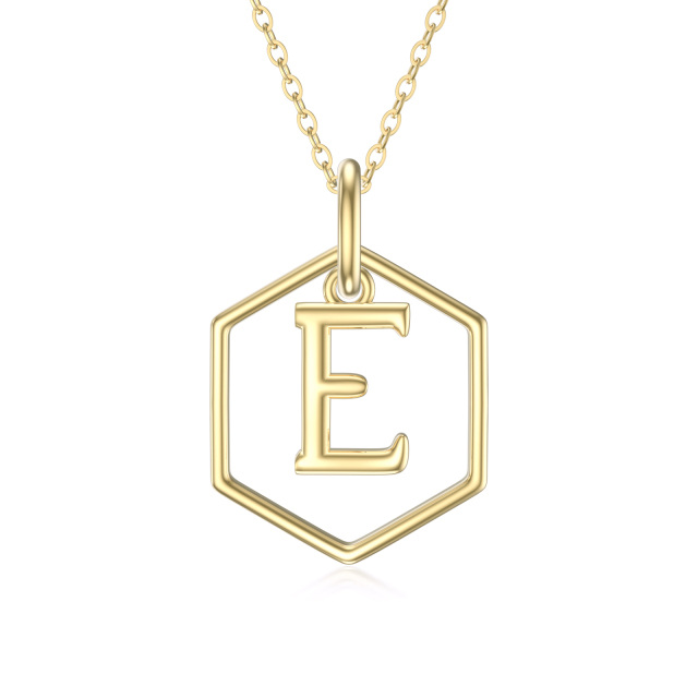 9K Gold Round Pendant Necklace with Initial Letter E-0