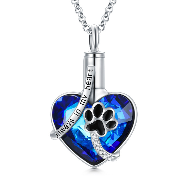 Sterling Silver Circular Shaped & Heart Shaped Crystal & Cubic Zirconia Paw & Heart Urn Necklace for Ashes with Engraved Word-3