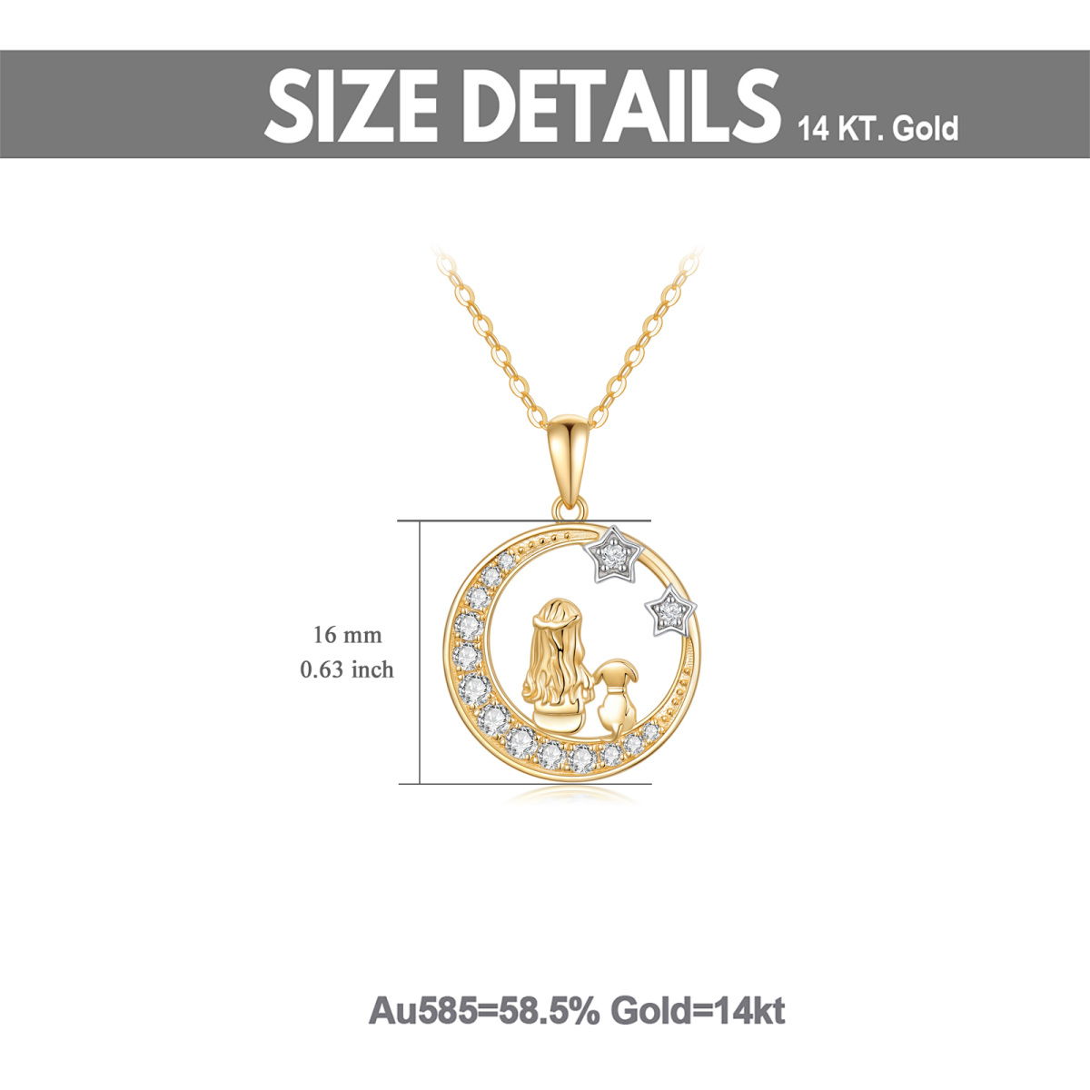 14K Gold Cubic Zirconia Dog & Moon & Star Pendant Necklace-6