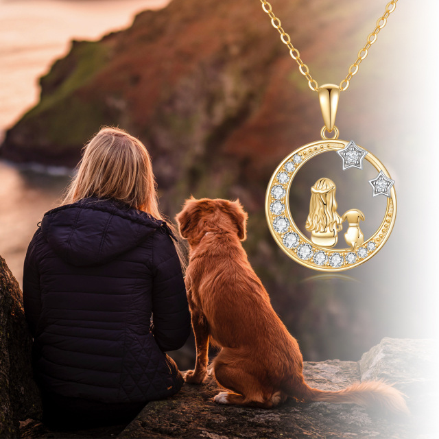 14K Gold Cubic Zirkonia Hund & Mond & Stern Anhänger Halskette-4