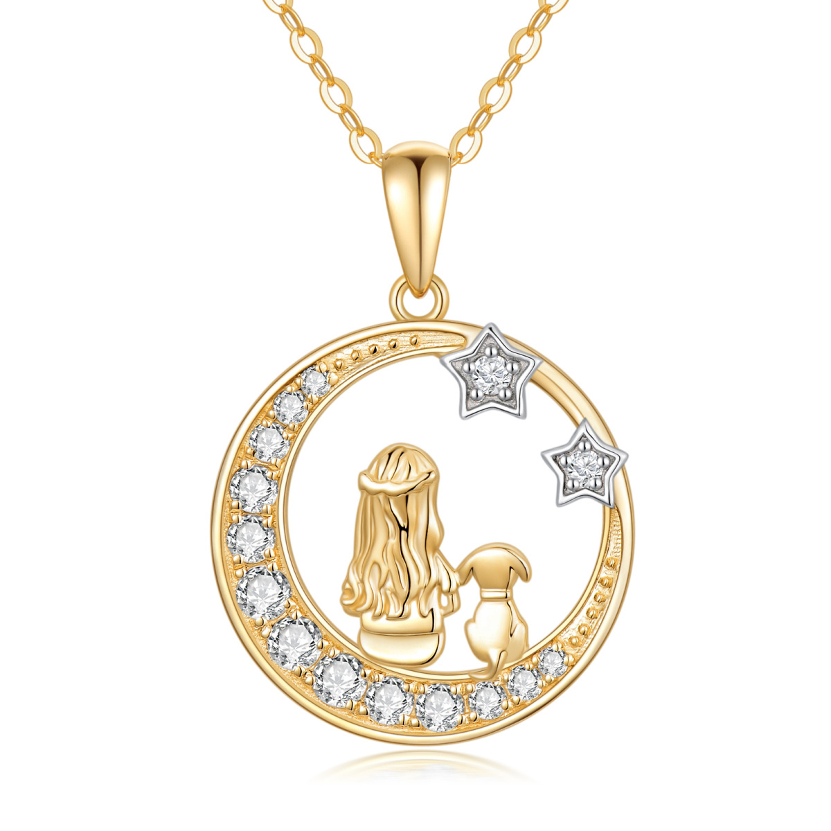 14K Gold Cubic Zirconia Dog & Moon & Star Pendant Necklace-1