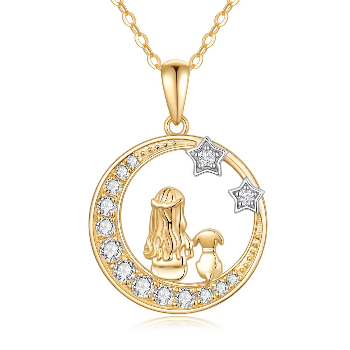 14K Gold Cubic Zirkonia Hund & Mond & Stern Anhänger Halskette-1