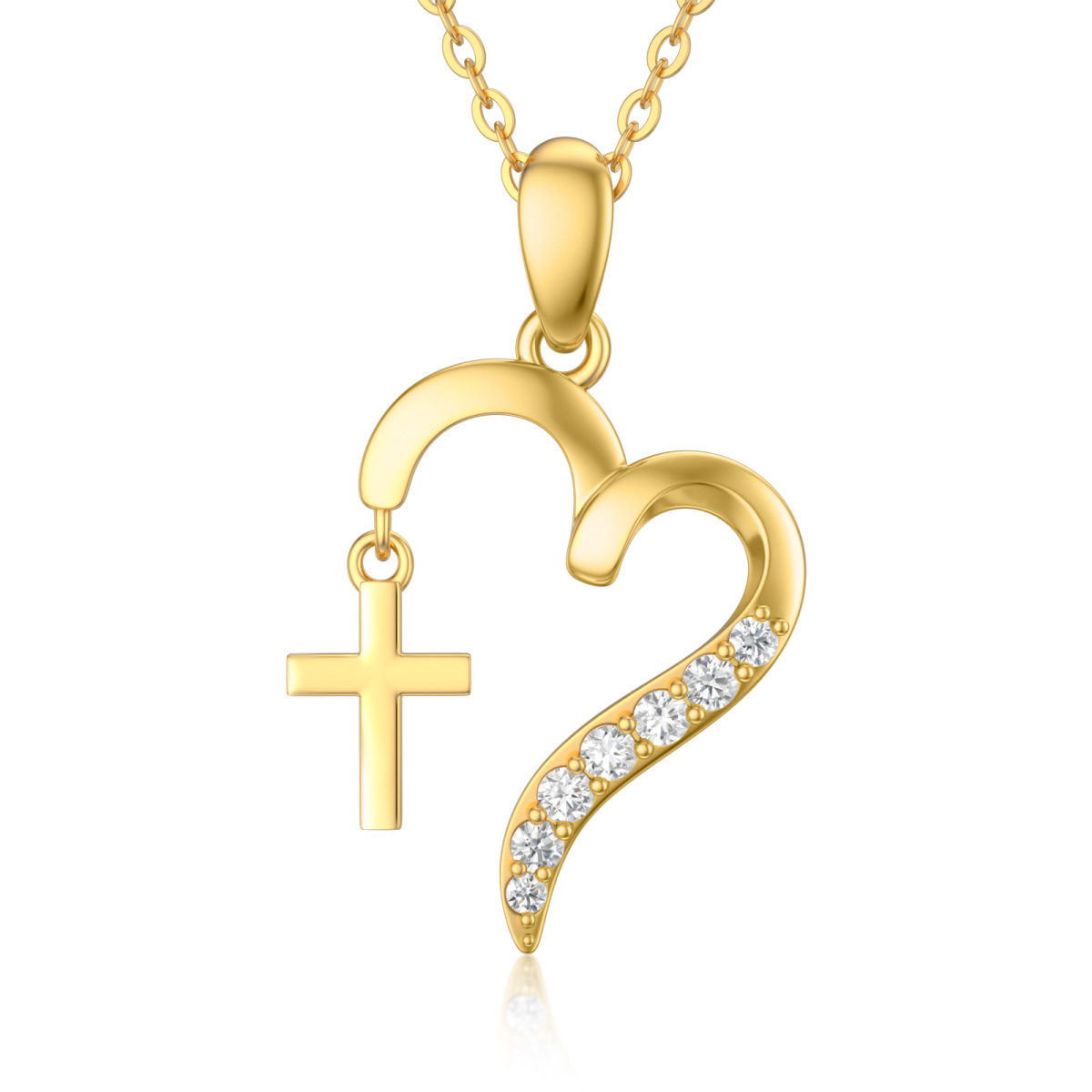 14K Oro Cúbico Zirconia Cruz y Corazón Collar Colgante-1