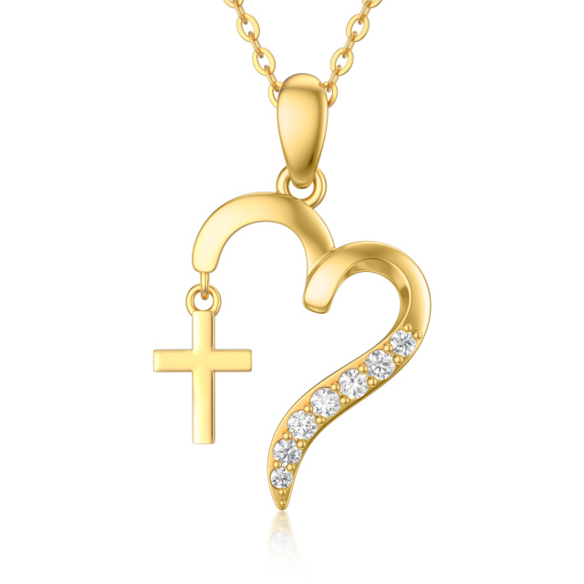 Collier en or 14K avec pendentif croix et coeur en zircon cubique-0