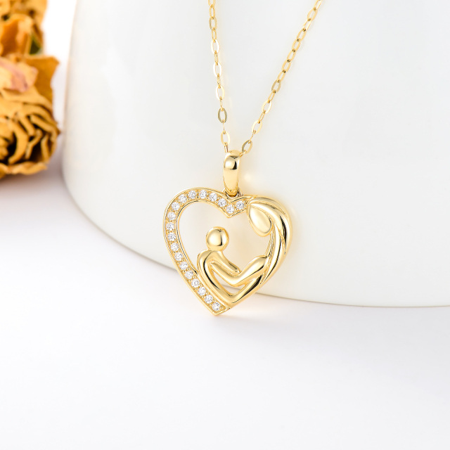 14K Gold Cubic Zirconia Mom Holds Baby Heart Pendant Necklace-3