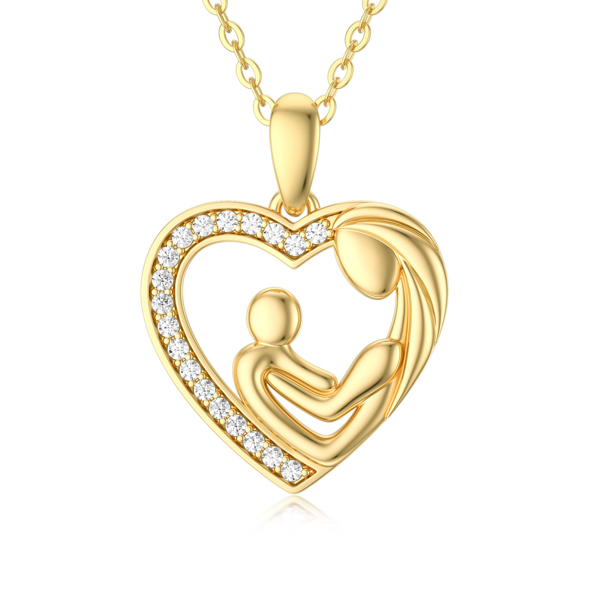 14K Gold Cubic Zirconia Mom Holds Baby Heart Pendant Necklace-1