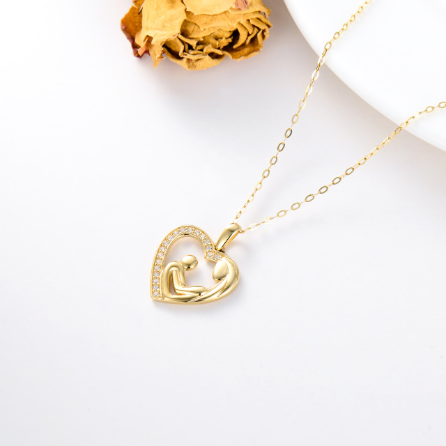 14K Gold Cubic Zirconia Mom Holds Baby Heart Pendant Necklace-4