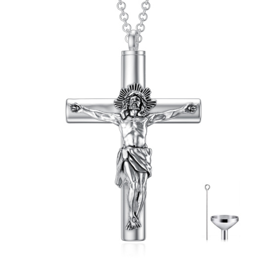 Collar con medallón de urna para cenizas con cruz de crucifixión de Jesús de plata de ley