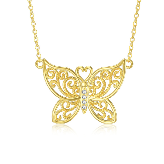 14K Gold Cubic Zirkonia Schmetterling Anhänger Halskette-0