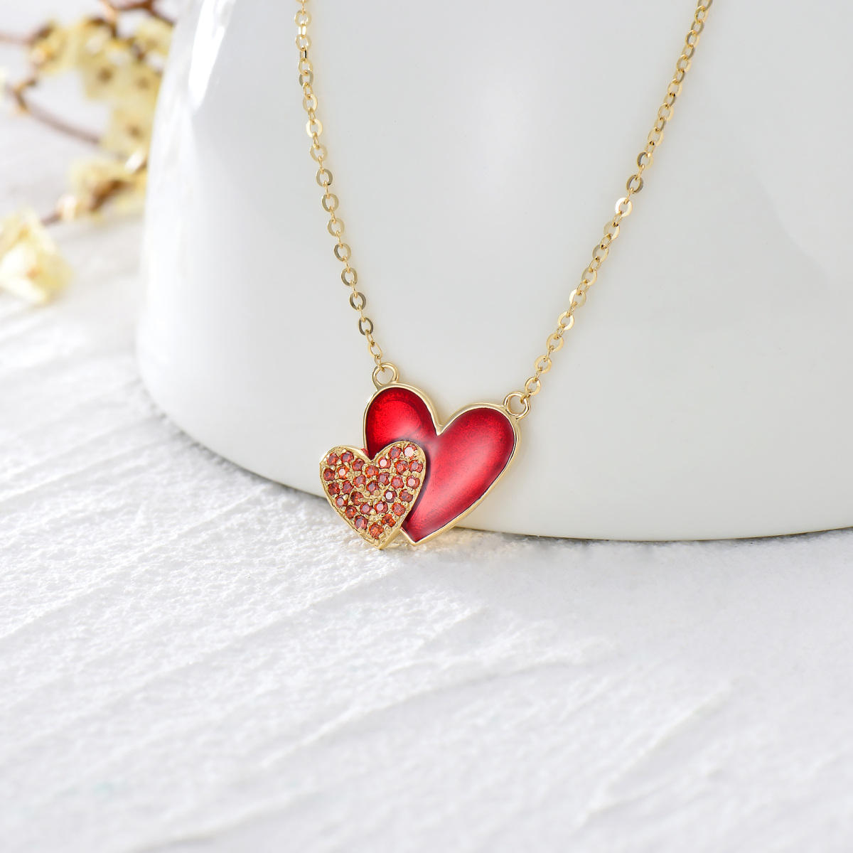 14K Gold Cubic Zirconia Red Heart With Heart Pendant Necklace-3