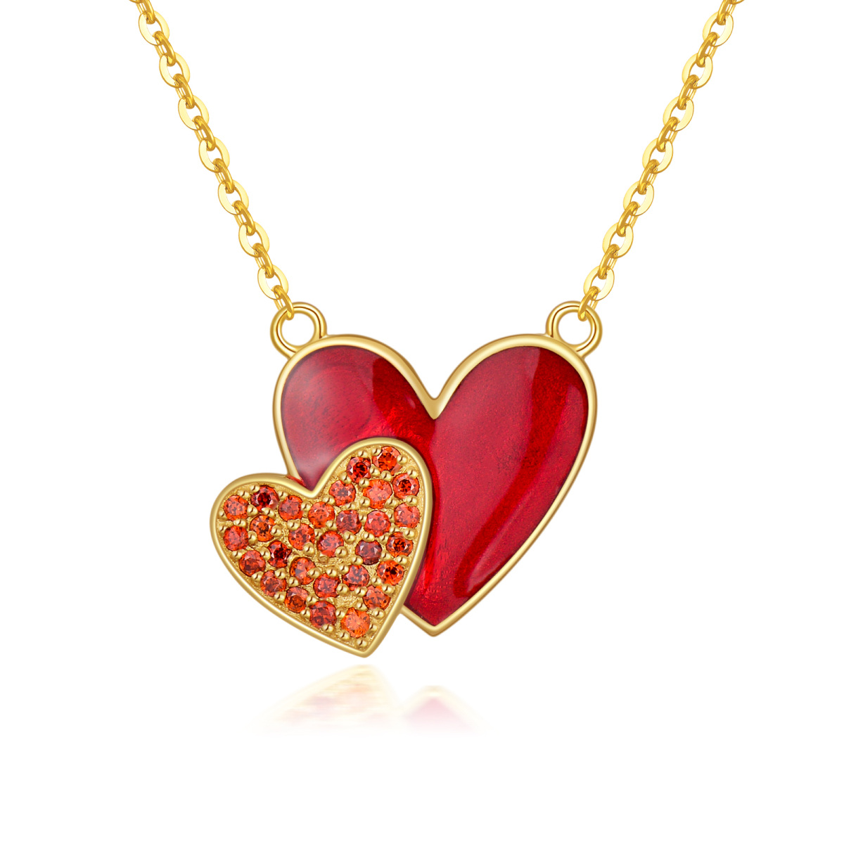 14K Gold Cubic Zirconia Red Heart With Heart Pendant Necklace-1