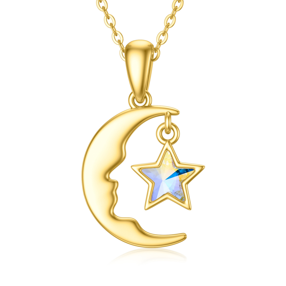 14K Gold Crystal Moon & Star Pendant Necklace-1