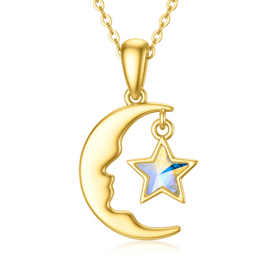 14K Yellow Gold Moon and Star Pendant Necklace Jewelry Gift for Her