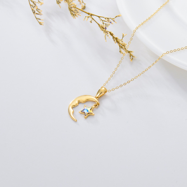 14K Gold Crystal Moon & Star Pendant Necklace-3