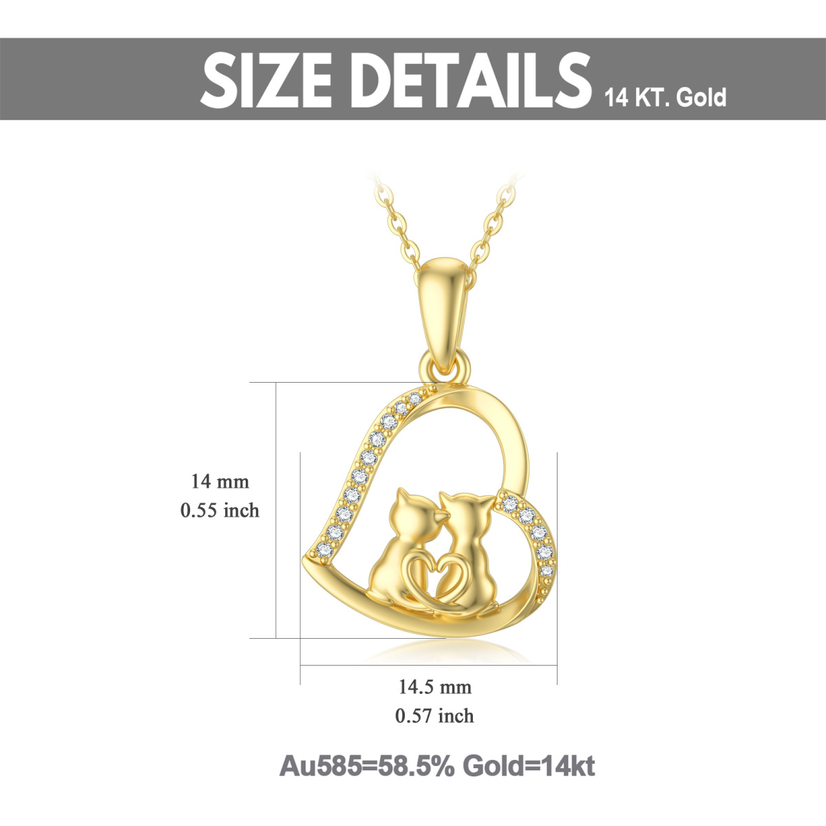 14K Gold Cubic Zirconia Couple Cats & Heart Pendant Necklace-5