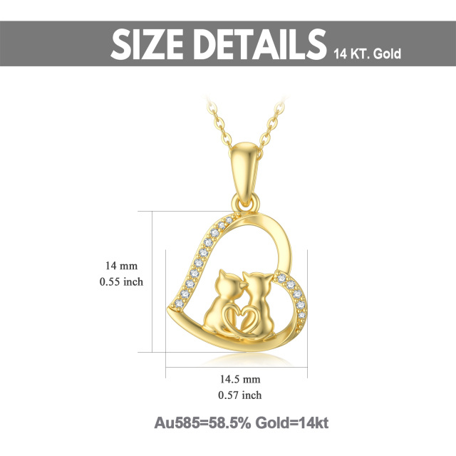 14K Gold Cubic Zirconia Couple Cats & Heart Pendant Necklace-4