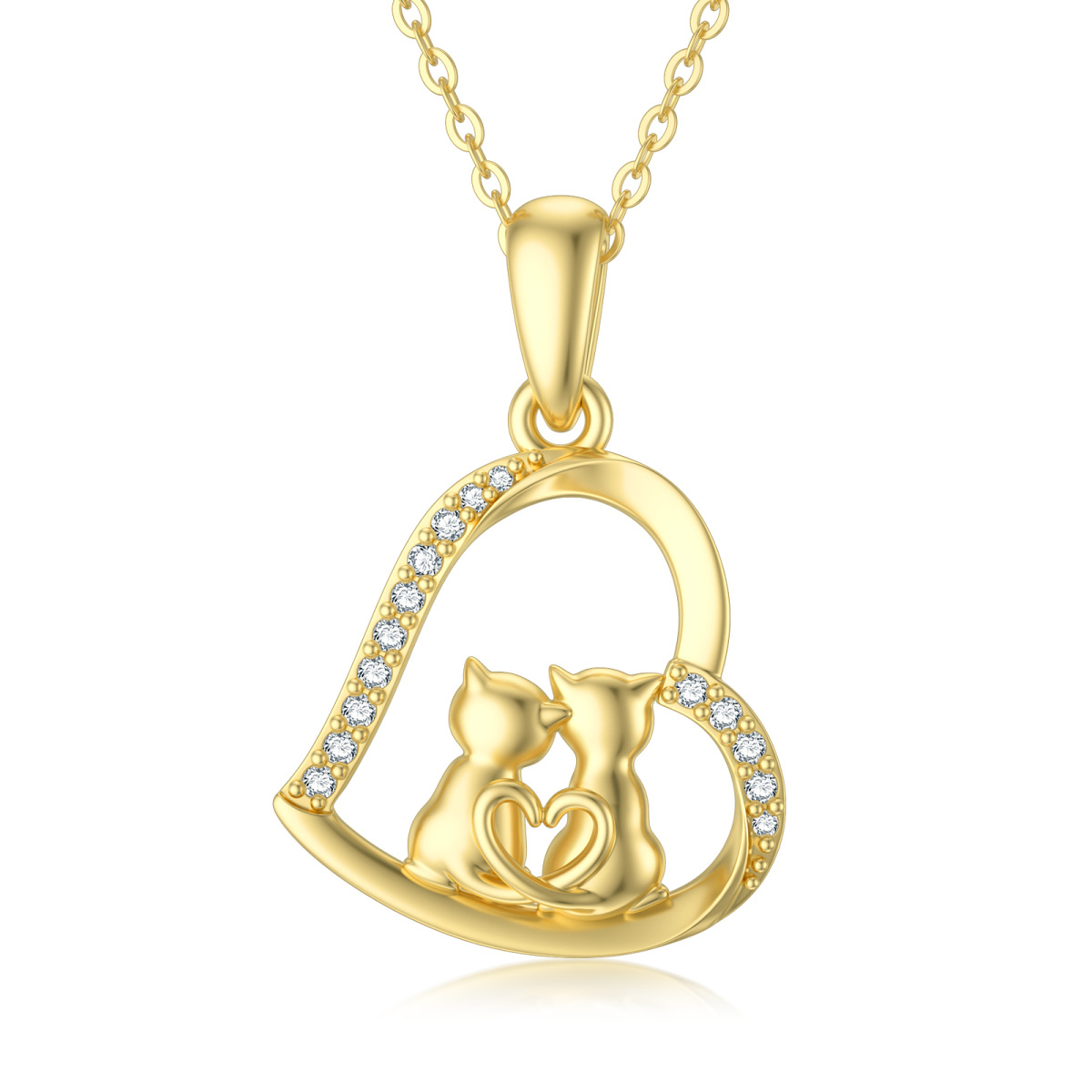 14K Gold Cubic Zirconia Couple Cats & Heart Pendant Necklace-1