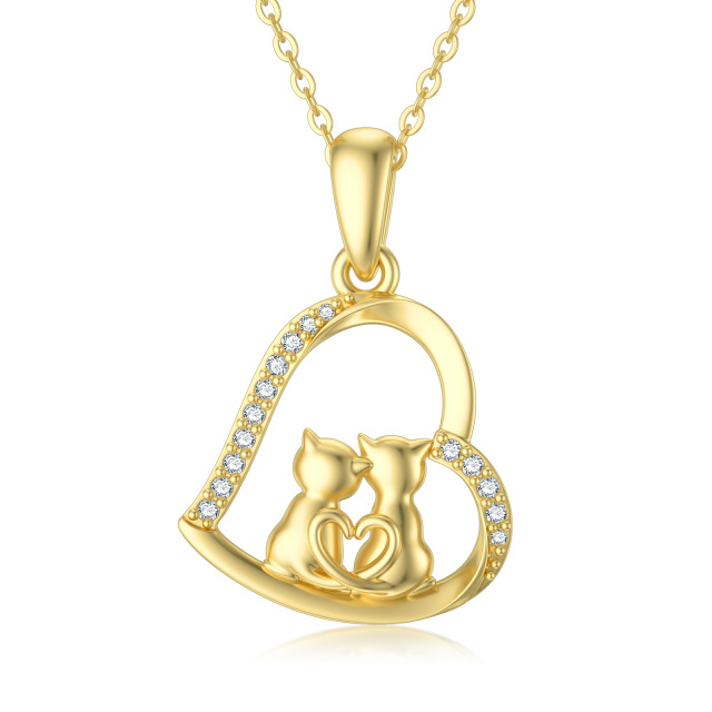 14K Gold Cubic Zirconia Couple Cats & Heart Pendant Necklace-0