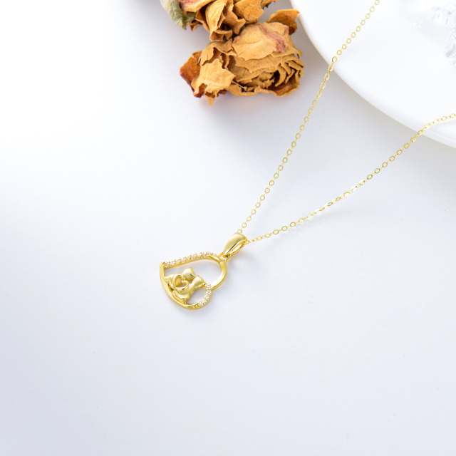 14K Gold Cubic Zirconia Couple Cats & Heart Pendant Necklace-3