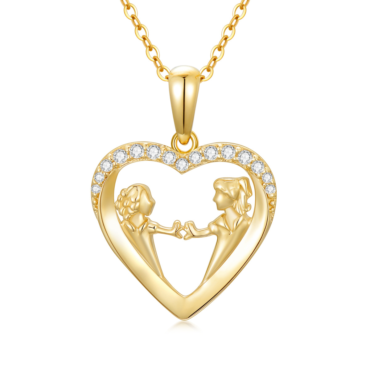 14K Gold Cubic Zirconia Sisters & Heart Pendant Necklace-1