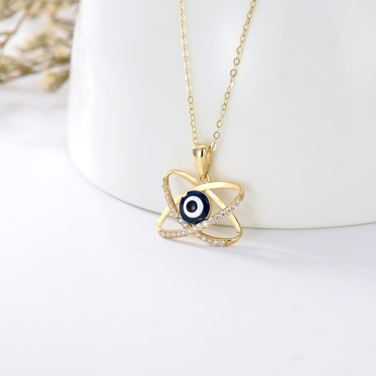 14K Gold Cubic Zirconia Evil Eye Pendant Necklace-4