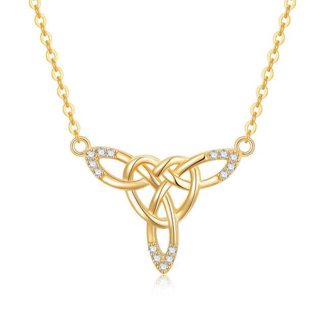 14K Gold Circular Shaped Cubic Zirconia Celtic Knot Pendant Necklace-0