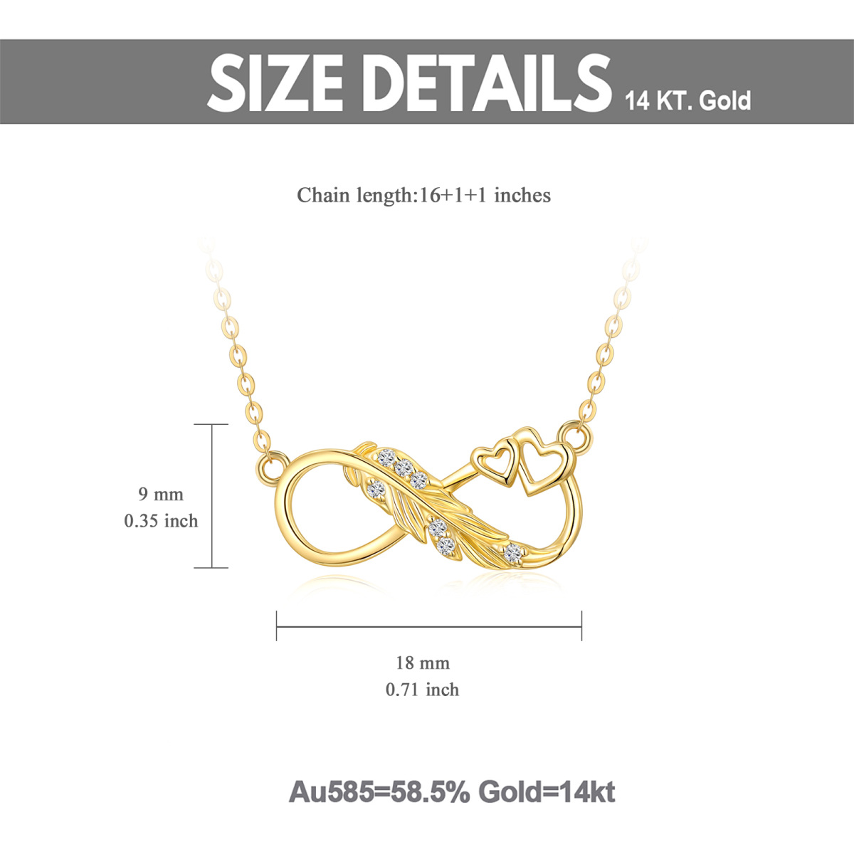 14K Gold Cubic Zirkonia Feder & Unendlichkeit Symbol Anhänger Halskette-5