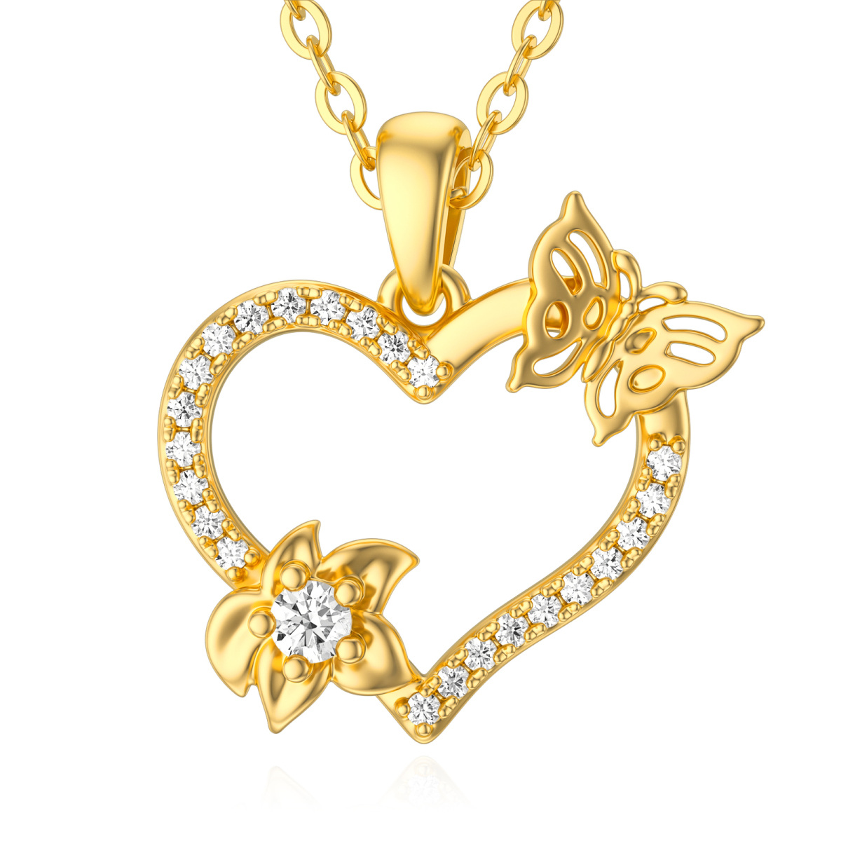 Collier avec pendentif papillon et coeur en or 14K et zircon-1