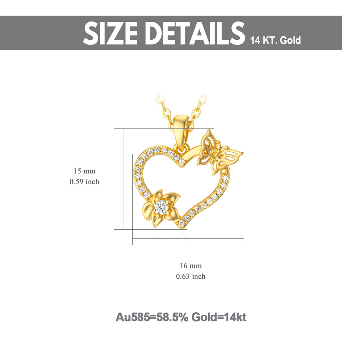 14K Gold Zirkon Schmetterling & Herz-Anhänger Halskette-5