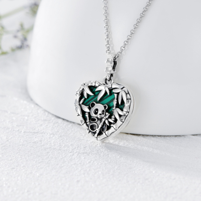 Sterling Silver Malachite Panda & Heart Pendant Necklace-3