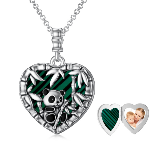 Sterling Silver Malachite Panda & Heart Pendant Necklace-1