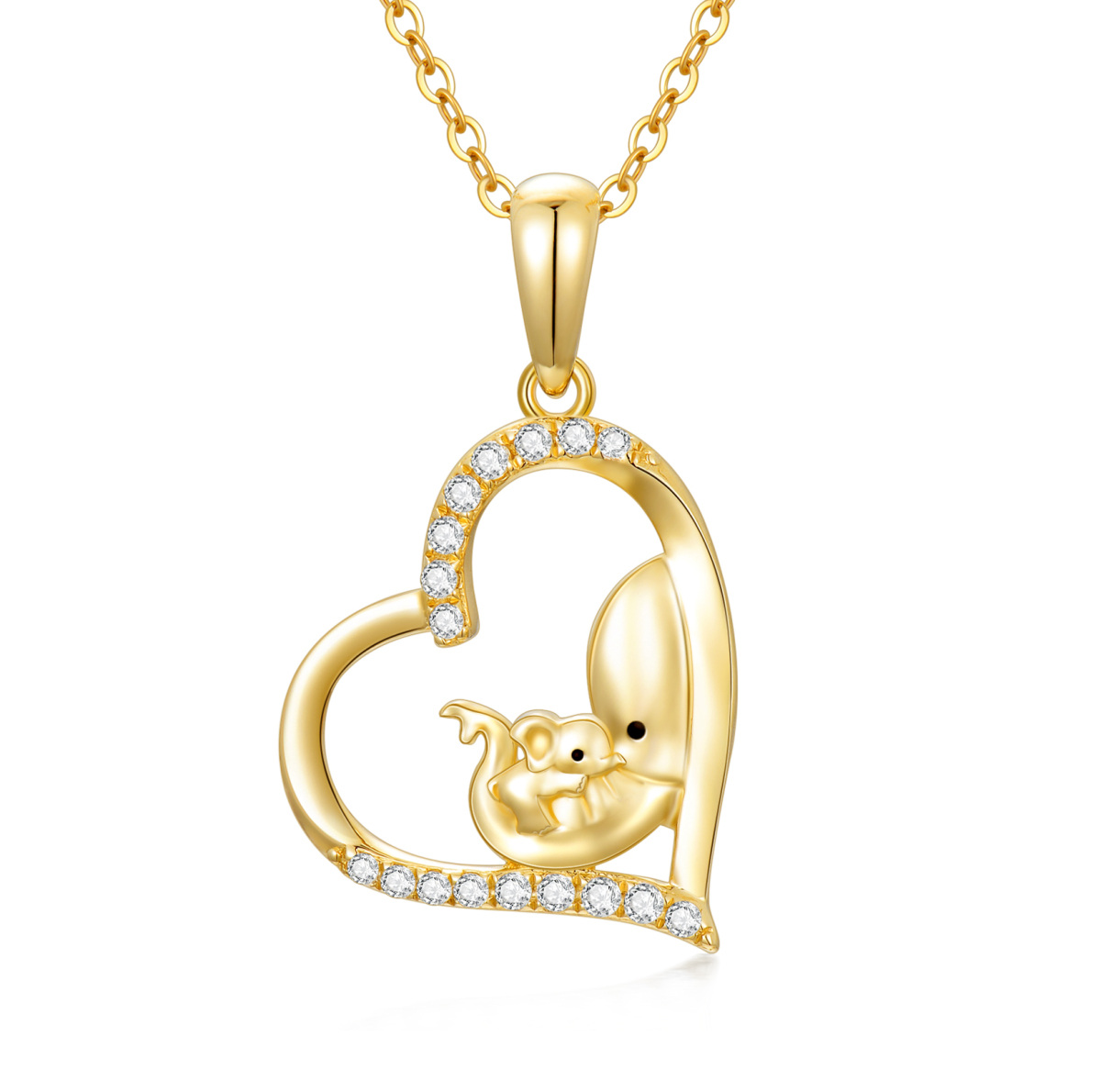 14K Gold Cubic Zirconia Mama Elephant & Heart Pendant Necklace-1