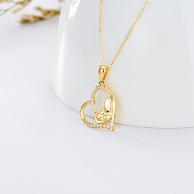 14K Gold Cubic Zirconia Mama Elephant & Heart Pendant Necklace-2