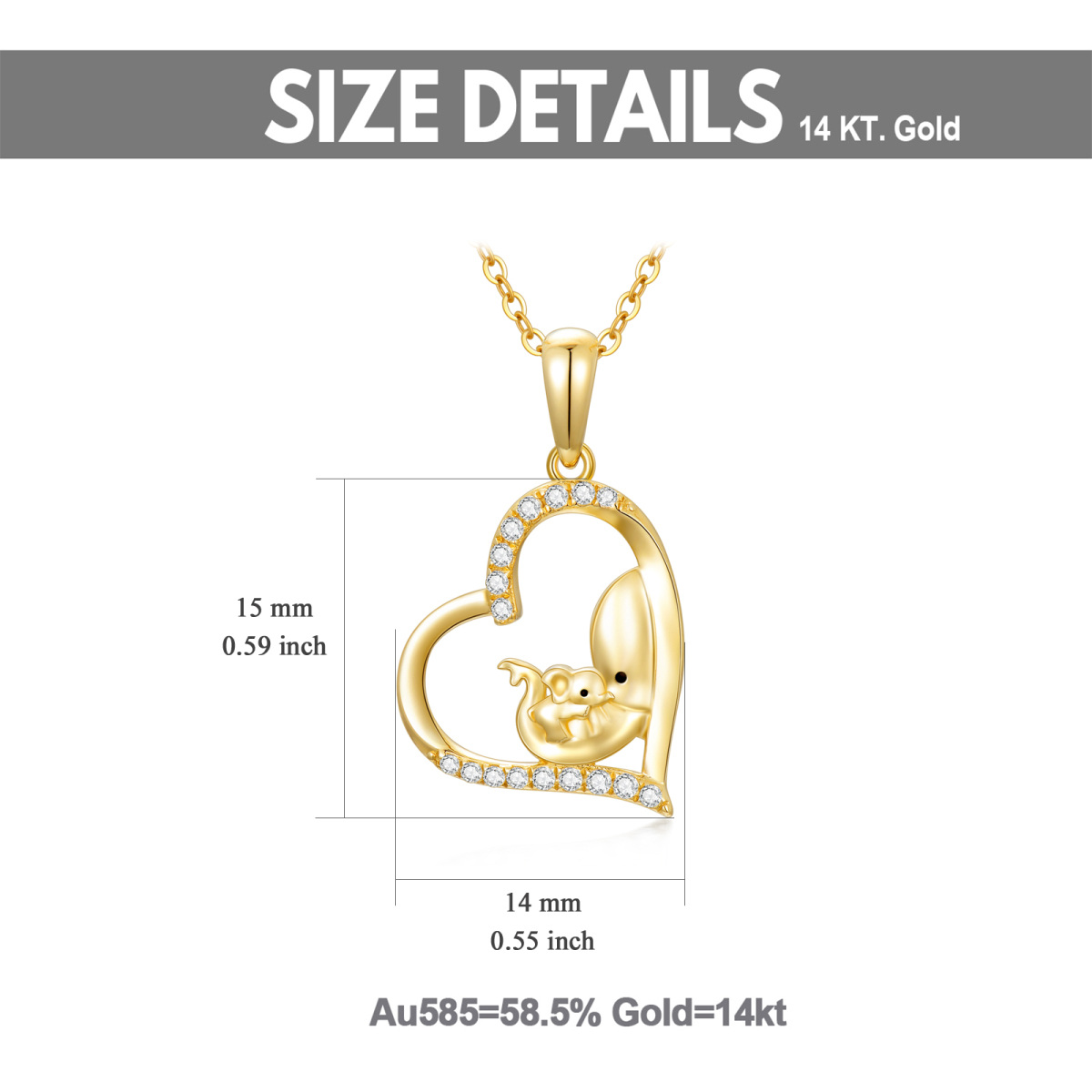 14K Gold Cubic Zirconia Mama Elephant & Heart Pendant Necklace-5