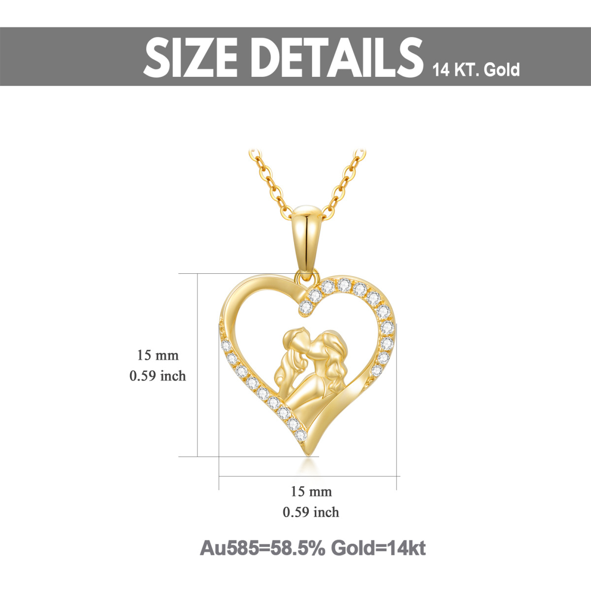 14K Gold Cubic Zirconia Mom Kiss Baby Heart Pendant Necklace-5