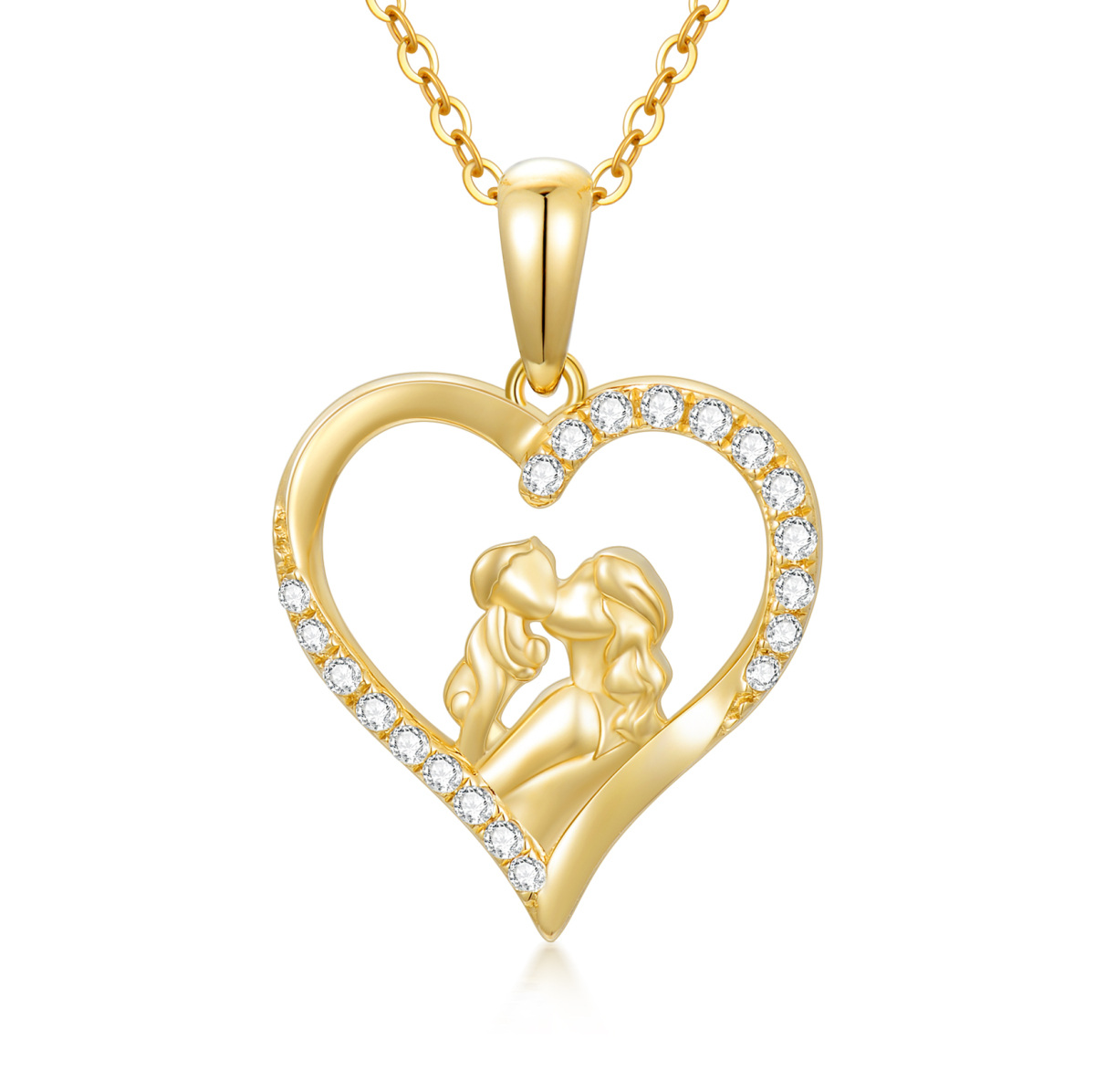 14K Gold Cubic Zirconia Mom Kiss Baby Heart Pendant Necklace-1