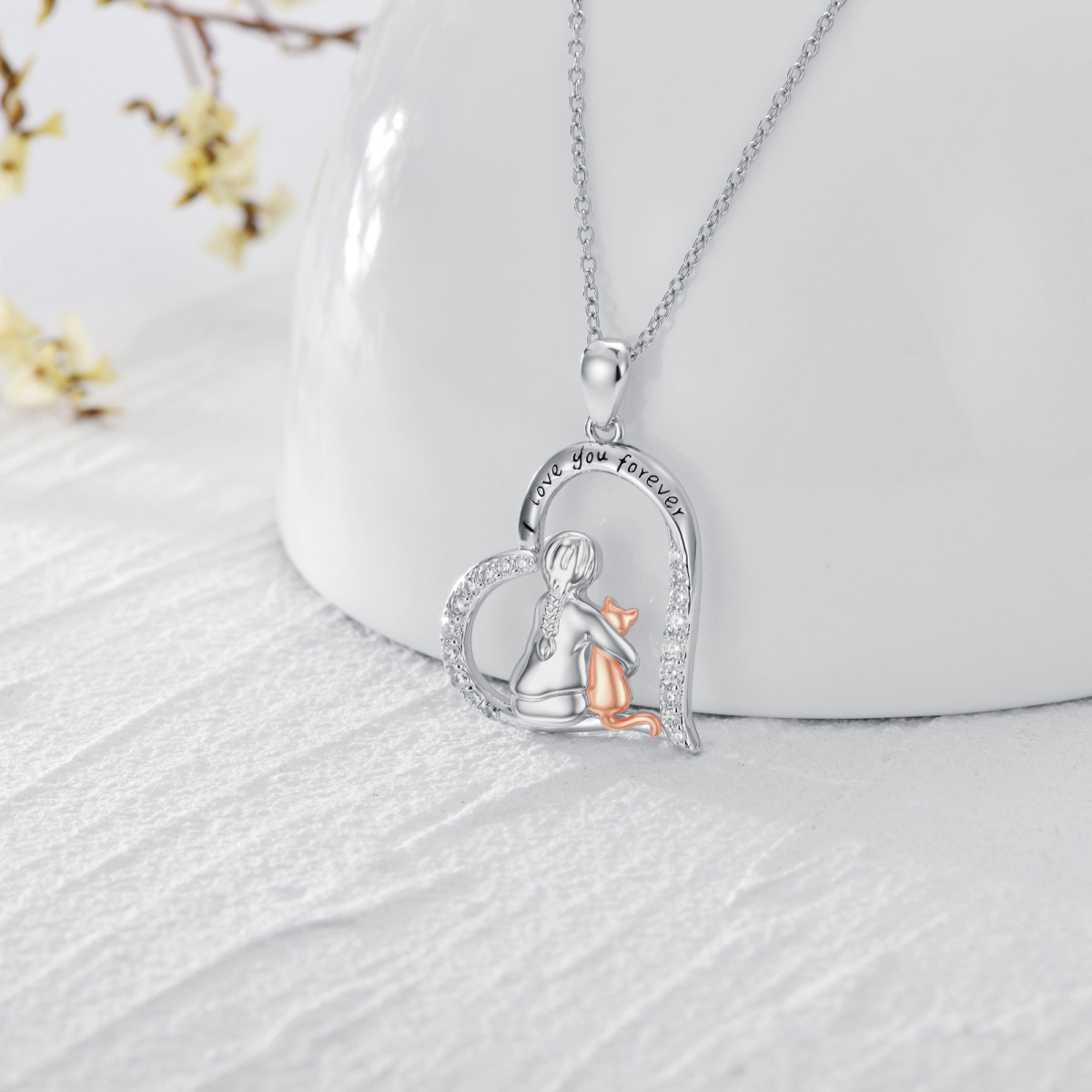 Sterling Silver Two-tone Round Cubic Zirconia Cat & Heart Pendant Necklace with Engraved Word-4