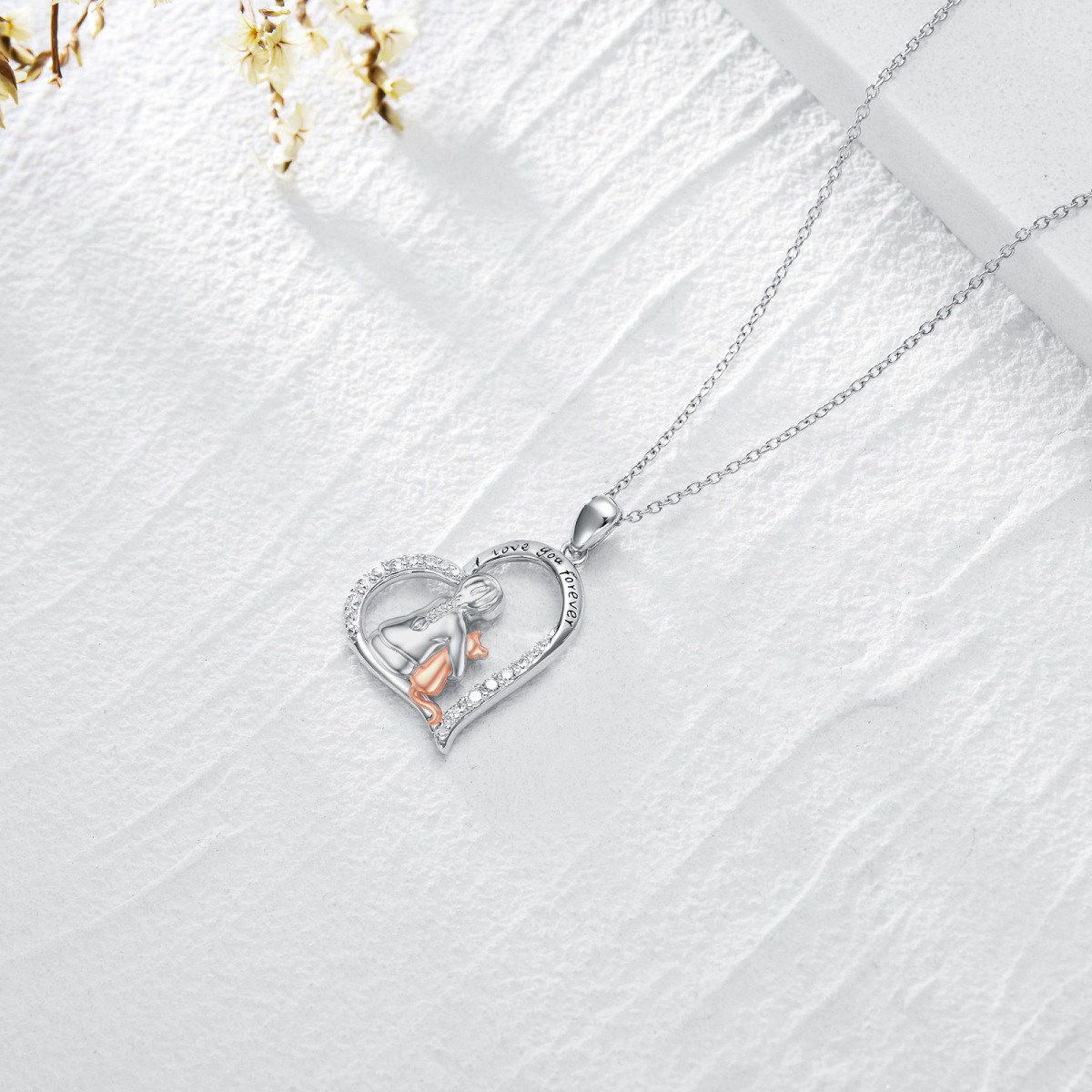 Sterling Silver Two-tone Round Cubic Zirconia Cat & Heart Pendant Necklace with Engraved Word-5