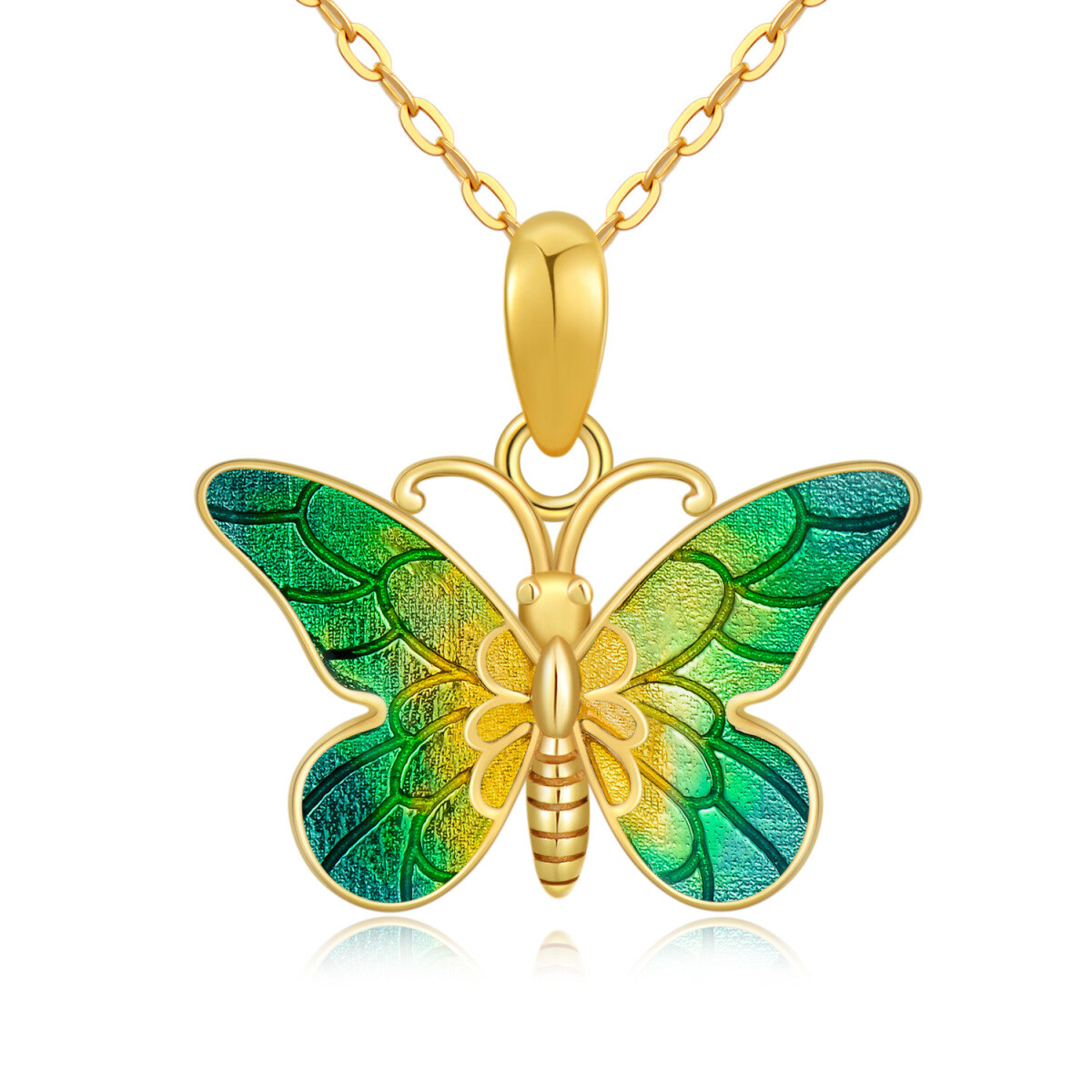 14K Gold Grün glasiert Schmetterling Anhänger Halskette-1