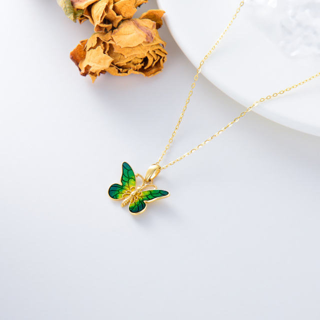 14K Gold Green Glazed Butterfly Pendant Necklace-4