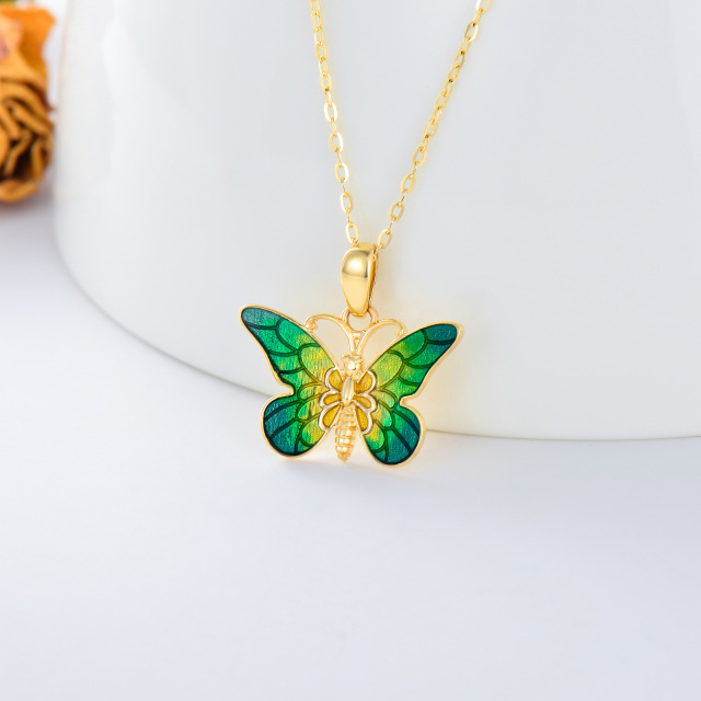 14K Gold Green Glazed Butterfly Pendant Necklace-3