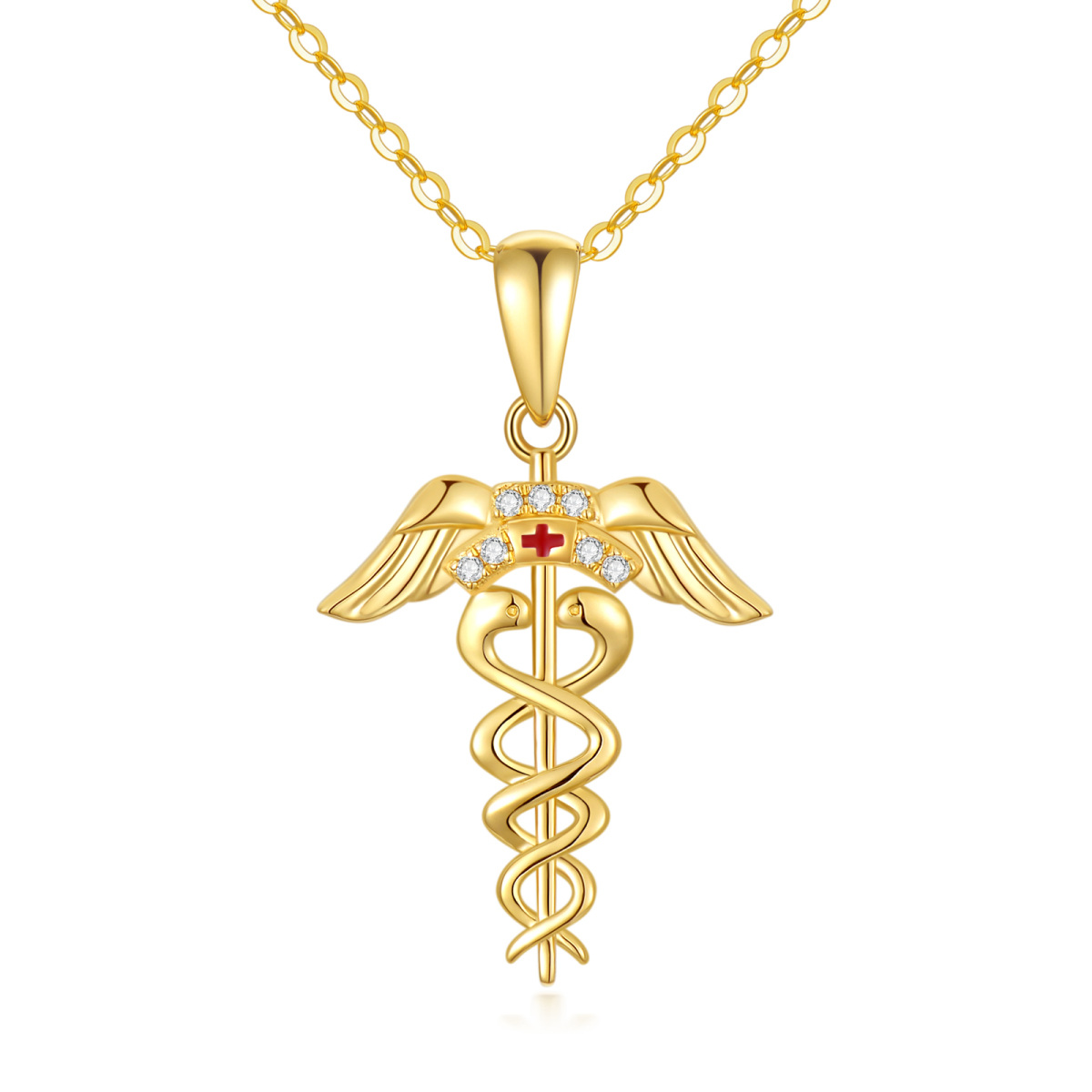 14K Gold Cubic Zirkonia Caduceus Anhänger Halskette-1